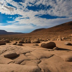 A rocky desert landscape with a bright blue sky and fluffy clouds1, Generative AI