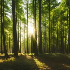 Obraz premium A dense forest with tall trees and rays of sunlight shining through the leaves3, Generative AI