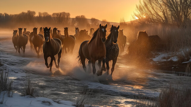 Wild mustangs running in a walley at sunrise