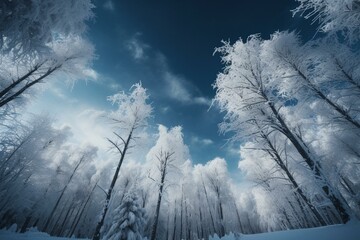 A breathtaking winter scenery with snowy trees against a realistic sky. Generative AI