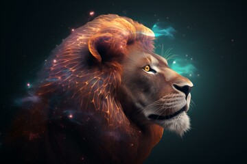 A digital fantasy art lion with fractal design on an isolated background. Generative AI