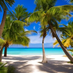 A tropical beach with crystal clear blue water and palm trees swaying in the breeze3, Generative AI