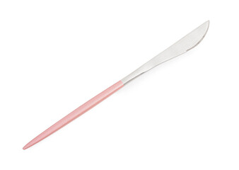 Stainless steel knife with pink handle on white background