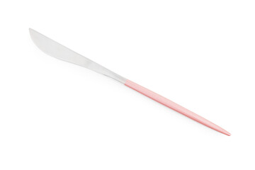 Stainless steel knife with pink handle on white background