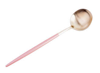 Stainless steel spoon with pink handle on white background