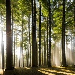 A dense forest with tall trees and rays of sunlight shining through the leaves5, Generative AI