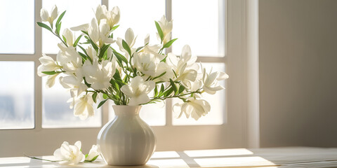 bouquet of blooming white oleander in a white vase on the windowsill in the rays of the sun. Free space for text. Generative AI