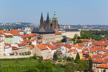 Spring Prague City with gothic Castle and the colorful Nature with flowering Meadows from the Hill Petrin, Czech Republic