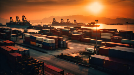 A large container terminal at sunset