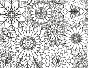 Vector carpet of flowers. Antistress coloring book for adults.           