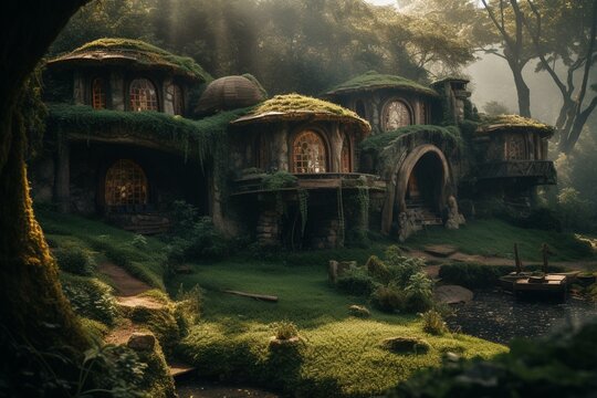 Imagined hobbit homes nestled the woods. Generative AI
