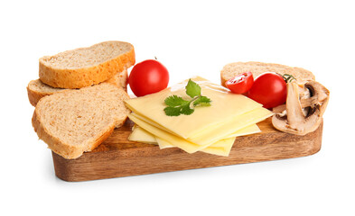 Fototapeta na wymiar Board of tasty processed cheese with vegetables and bread on white background