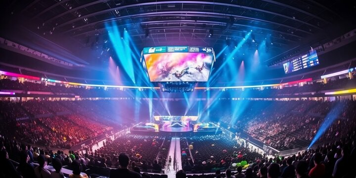 E-sports arena, filled with cheering fans and colorful LED lights. Players compete on a large stage in front of a massive screen. Big arena with many people, big stage, concert hall.  generative AI.