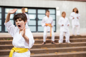 Fototapeta na wymiar Focused european preteen boy practicing karate on sunny day at schoolyard