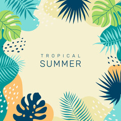 Fototapeta na wymiar Summer tropical background with copy space for text. Palm leaves. Floral exotic hawaiian frame. Modern trendy colorful design. Vector template for card, cover, poster, social media post, banner.