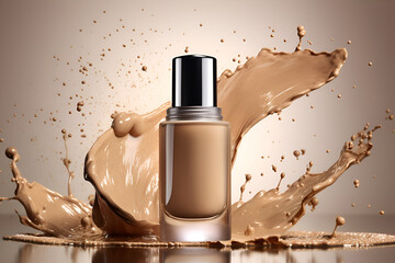 Glass bottle with face foundation, splashes and drops, advertising of cosmetic products. Free space for text. Generative AI