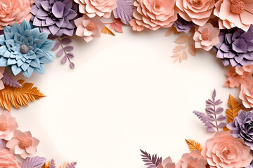 Paper cut out art, mock up for greeting cards with paper flowers by frames and copy space. Generative AI