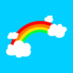 Rainbow in flat cartoon style on a pastel blue background.