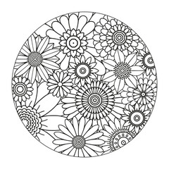  Floral pattern in a circle. Mandala.                                              Antistress coloring book for children and adults. 