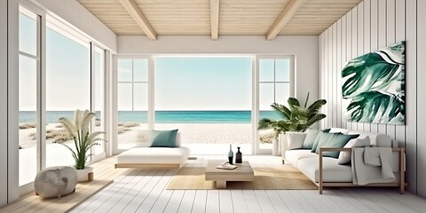 Fototapeta na wymiar Une maison de plage d'été en bois de plantes vert clair moderne avec des meubles, un intérieur orange de relaxation et un voyage de luxe avec vue tropicale, fond d'océan. Finest generative AI
