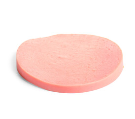 Slice of tasty boiled sausage on white background