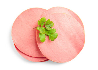 Slices of tasty boiled sausage on white background © Pixel-Shot
