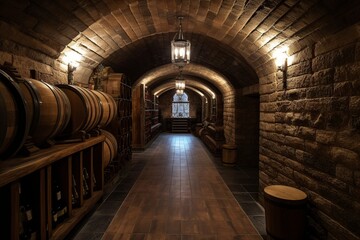 Fototapeta premium illustration, cellar with wine barrels, ai generative.