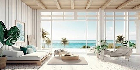 Fototapeta na wymiar Une maison de plage d'été en bois de plantes vert clair moderne avec des meubles, un intérieur orange de relaxation et un voyage de luxe avec vue tropicale, fond d'océan. AI generative.