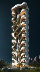 Landscape of a sci-fi futuristic architecture style vertical village residential building in nature, surrounded by lush deciduous vegetation, at midnight - Generative AI Illustration