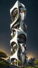 Landscape of a sci-fi futuristic architecture style vertical village residential building in nature, surrounded by lush deciduous vegetation, at midnight - Generative AI Illustration