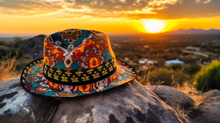 Colorful hat is sitting on a rock in front of sunset