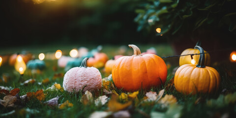 Thanksgiving decoration with colorful pumpkins and string lights