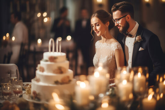 Bride and groom with the wedding cake, people and candle lights in background 
