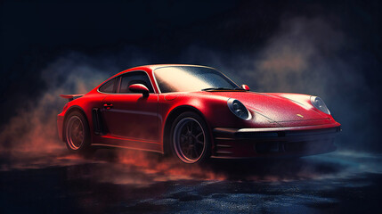 Red sports car with smoke in the background