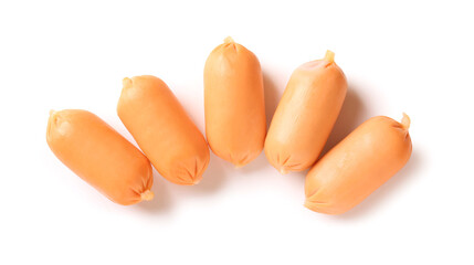 Tasty boiled sausages on white background
