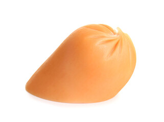 Slice of tasty boiled sausage on white background