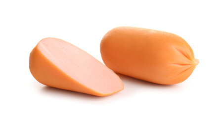 Tasty boiled sausages on white background