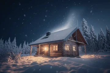 Fotobehang Illustration of a cabin engulfed in snow. Generative AI © Valkyrie