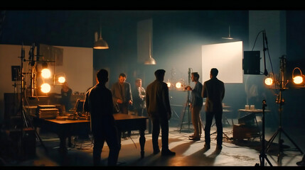 A group of people working in a set with lighting and other equipment