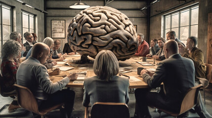 Businesses with a giant brain at a conference table