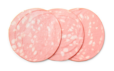 Slices of tasty boiled sausage on white background