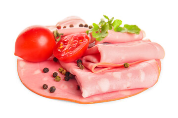 Slices of tasty boiled sausage with tomatoes and peppercorn on white background