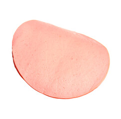 Slice of tasty boiled sausage on white background