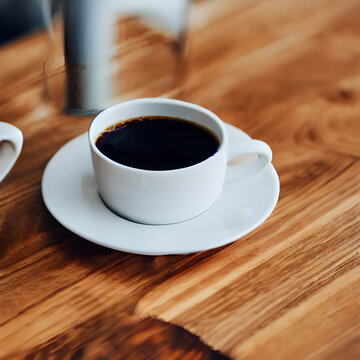 Feel the relaxing morning with a close-up of a cup of coffee on top of a wood table.