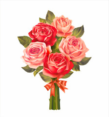 Bouquet of red and pink roses on white. Vector illustration.