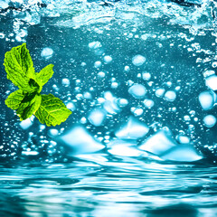 Naklejka na ściany i meble underwater shot of mint leaves with bubbles of oxygen 