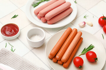 Plates of tasty sausages with tomatoes and ketchup on white tile background