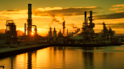 Naklejka premium View of the harbor at sunset petrochemical industry