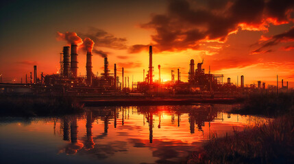 Fototapeta na wymiar Oil refinery at sunset with oil production tanks on the water