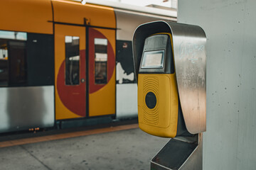 Porto, Portugal - 2023: Train ticket validation machine at Campanhã train station. Similar to...